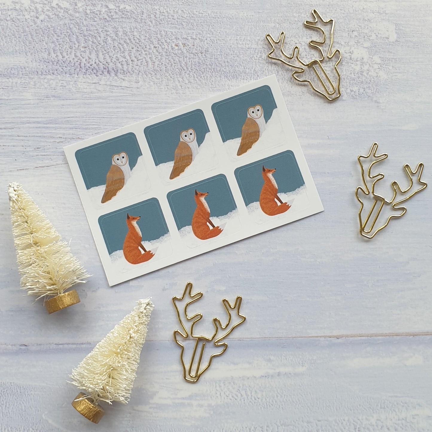 Barn Owl and Fox Snowy Christmas Envelope Stickers - Set of 6