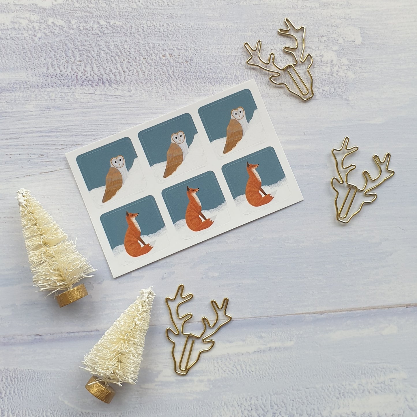 Barn Owl and Fox Snowy Christmas Envelope Stickers - Set of 6