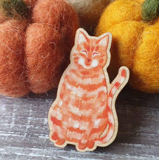 Ginger Cat Wooden Lapel Pin Brooch