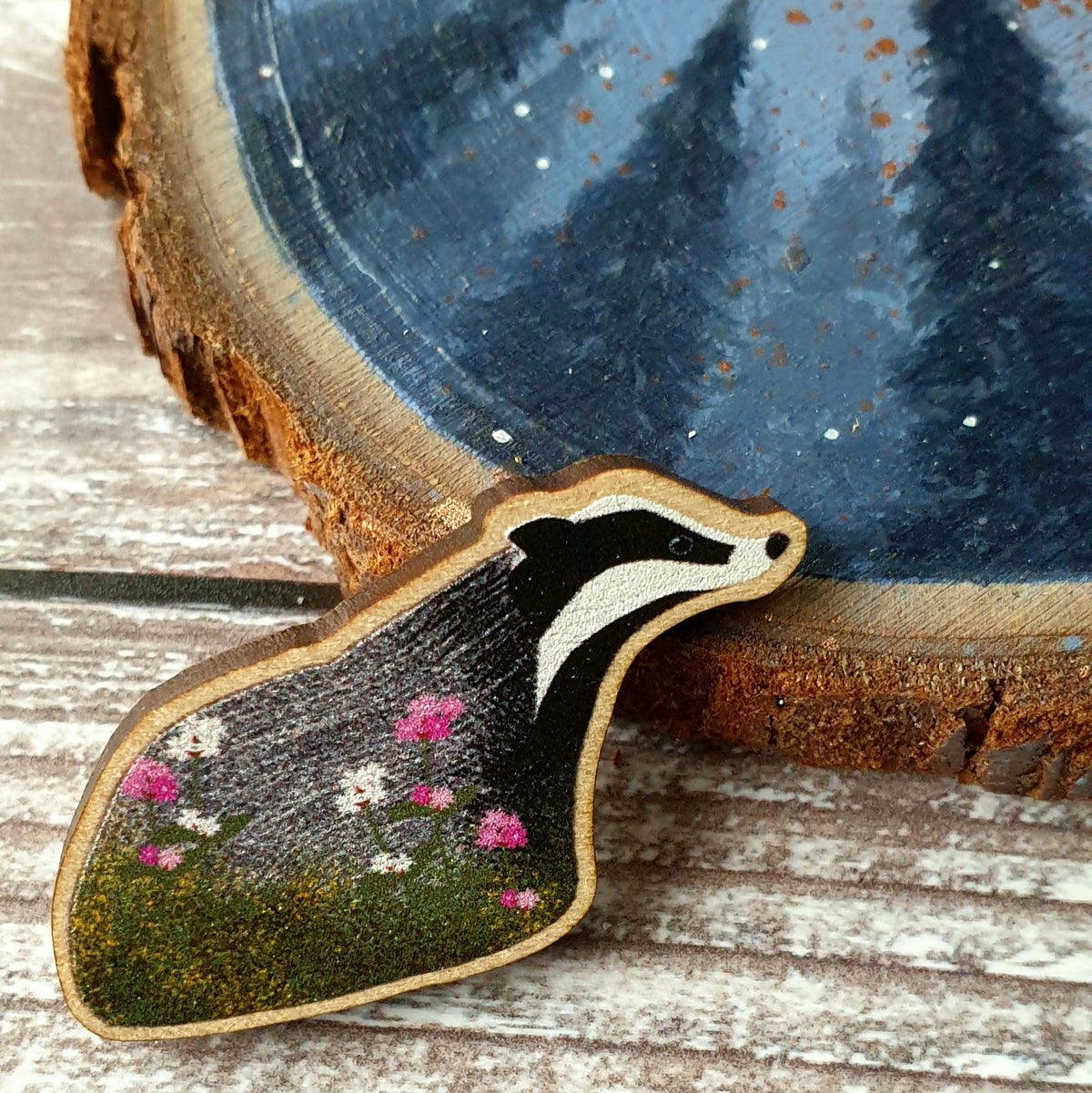 Badger Wooden Lapel Pin Brooch