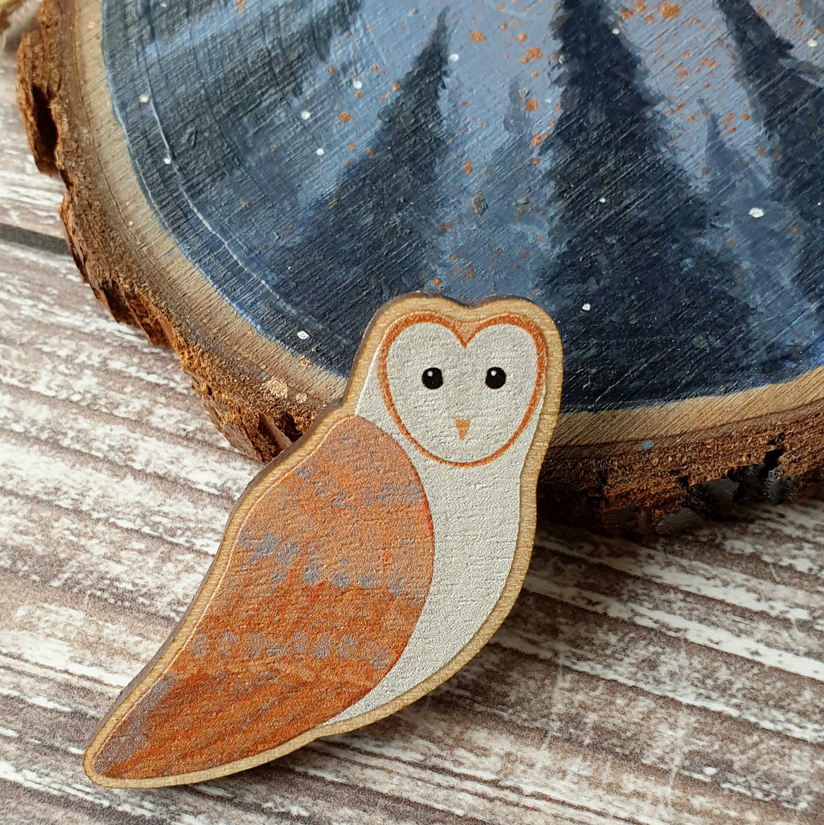 Barn Owl Wooden Lapel Pin Brooch