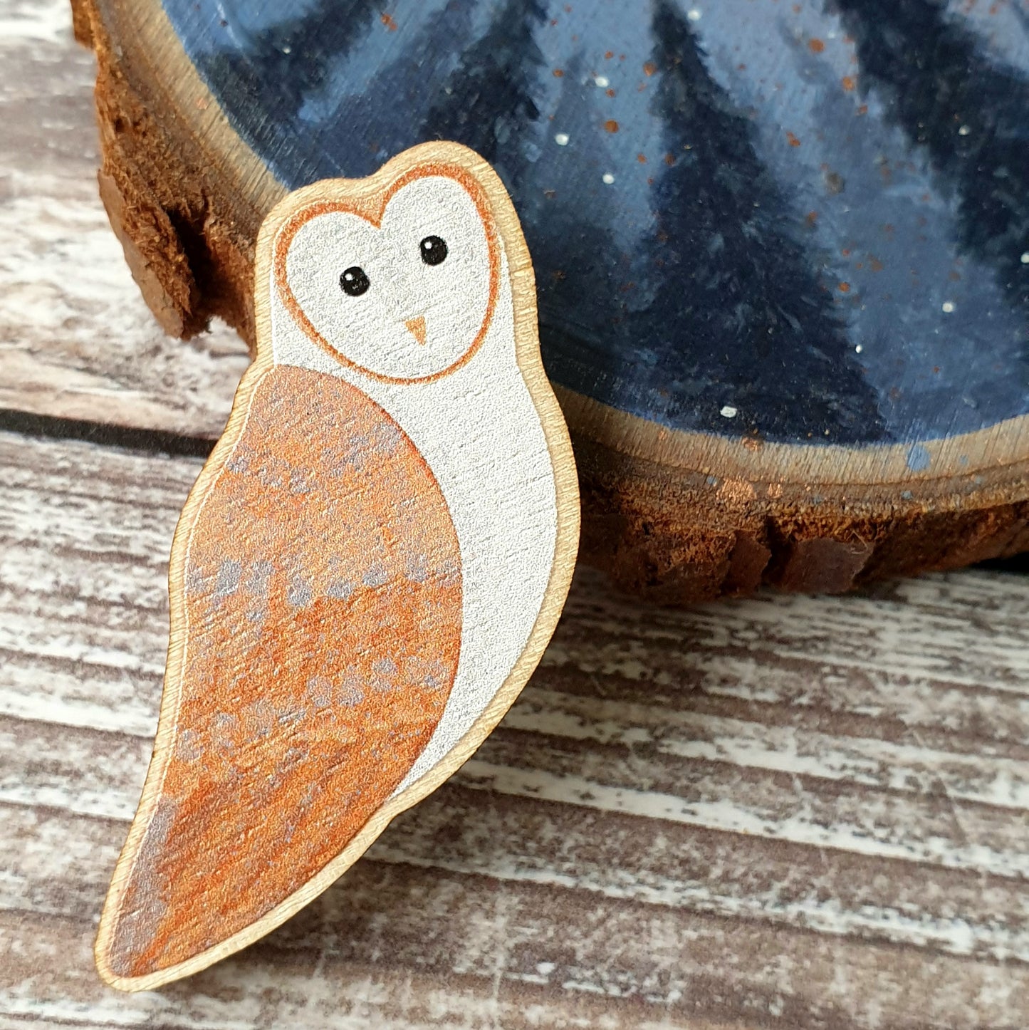 Barn Owl Wooden Lapel Pin Brooch