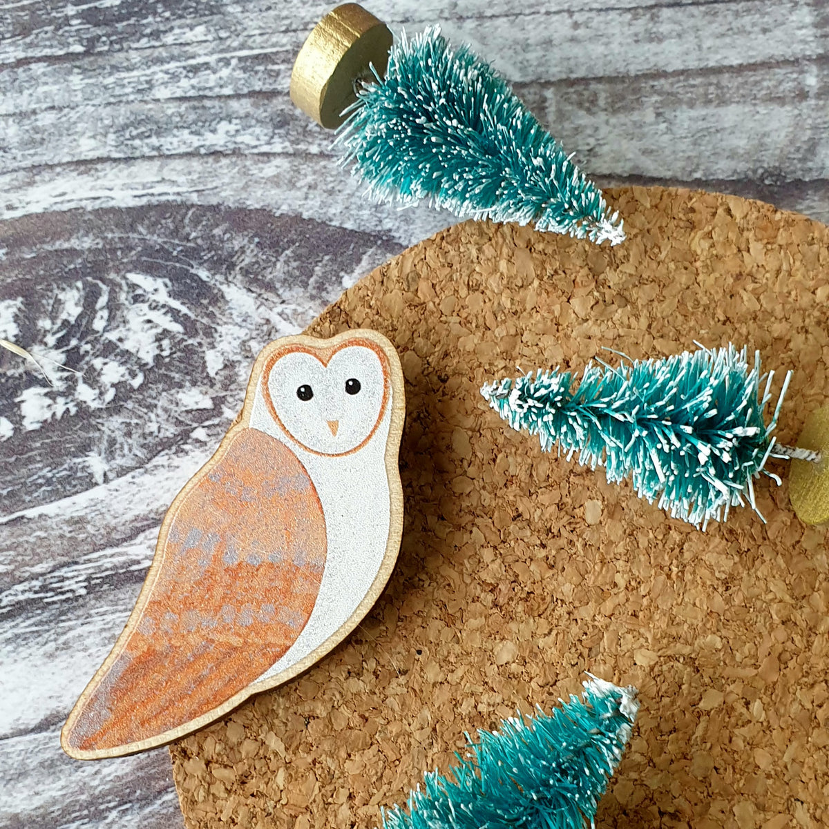 Barn Owl Wooden Lapel Pin Brooch