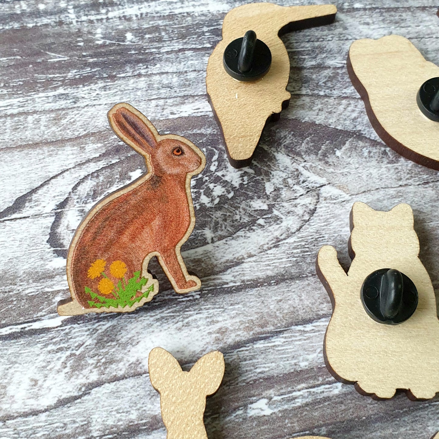 Hare Wooden Lapel Pin Brooch