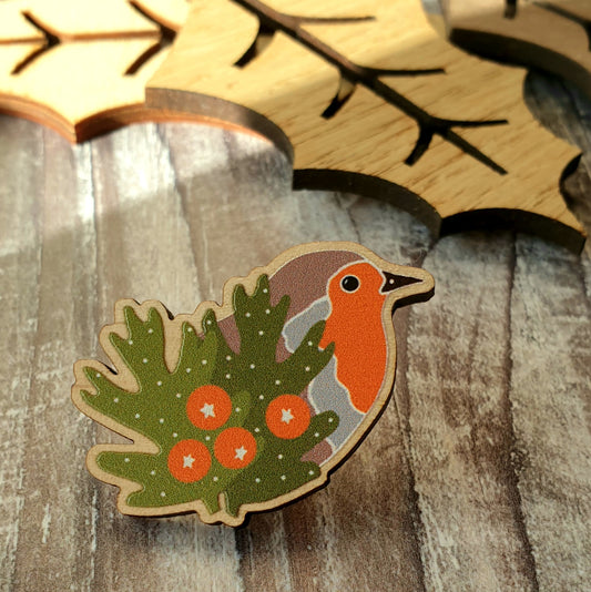 Robin Wooden Lapel Pin Brooch