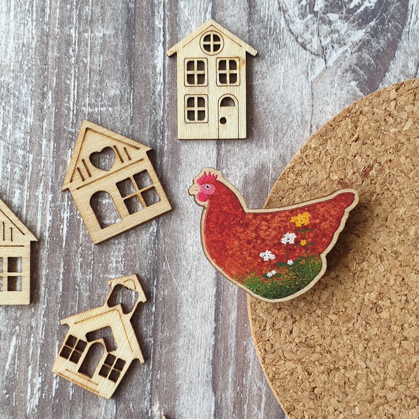 Chicken Wooden Lapel Pin Brooch