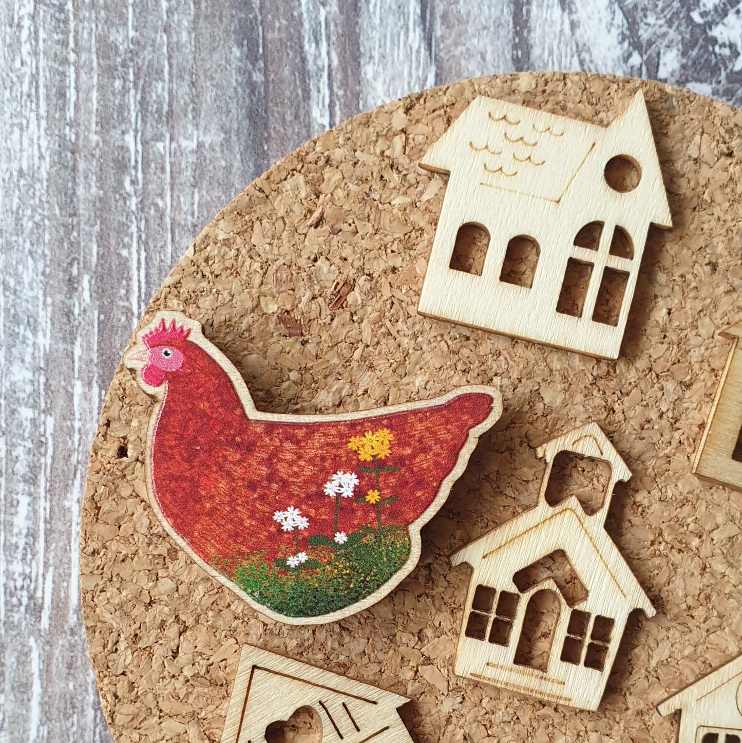 Chicken Wooden Lapel Pin Brooch