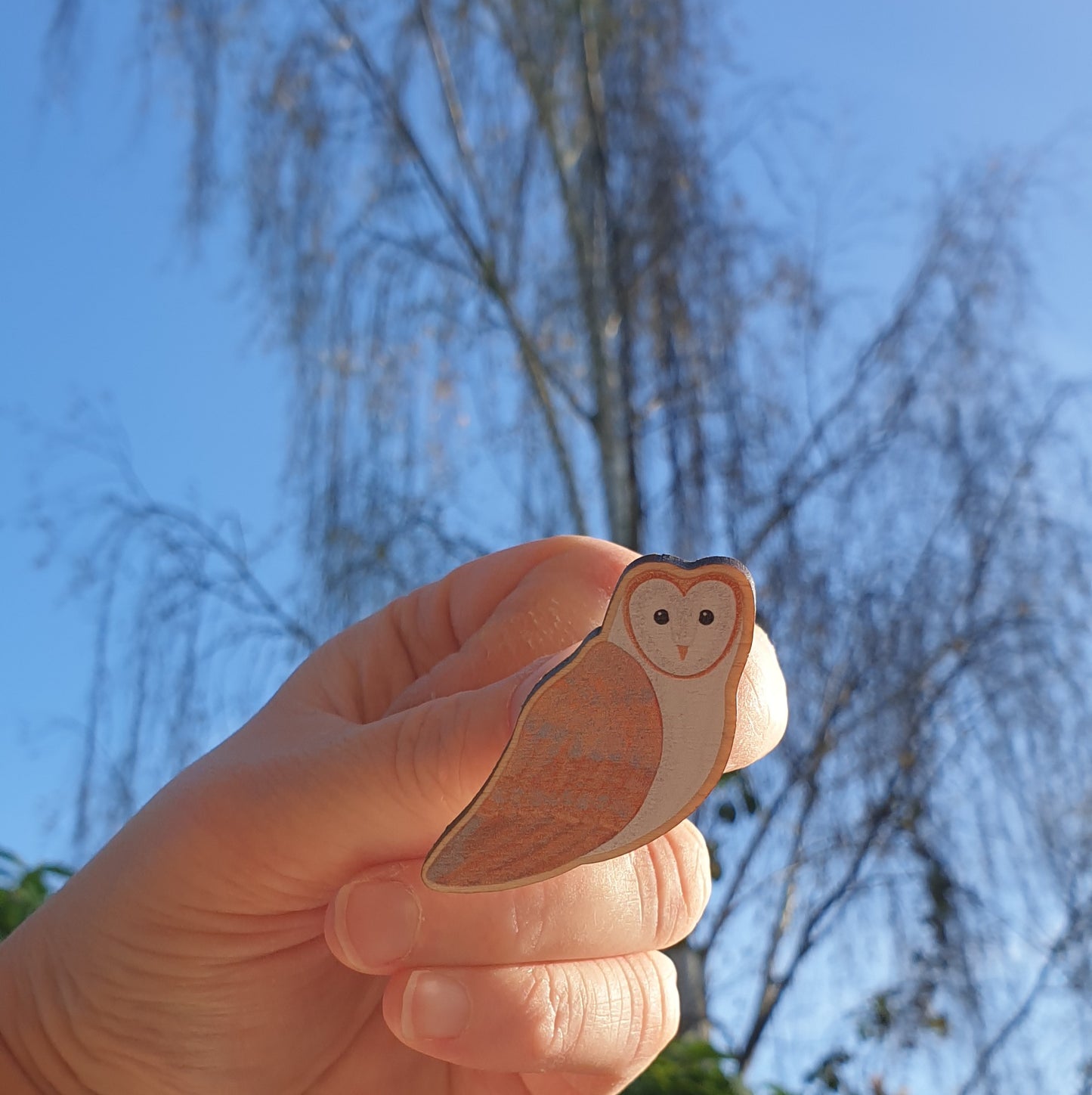 Barn Owl Wooden Lapel Pin Brooch
