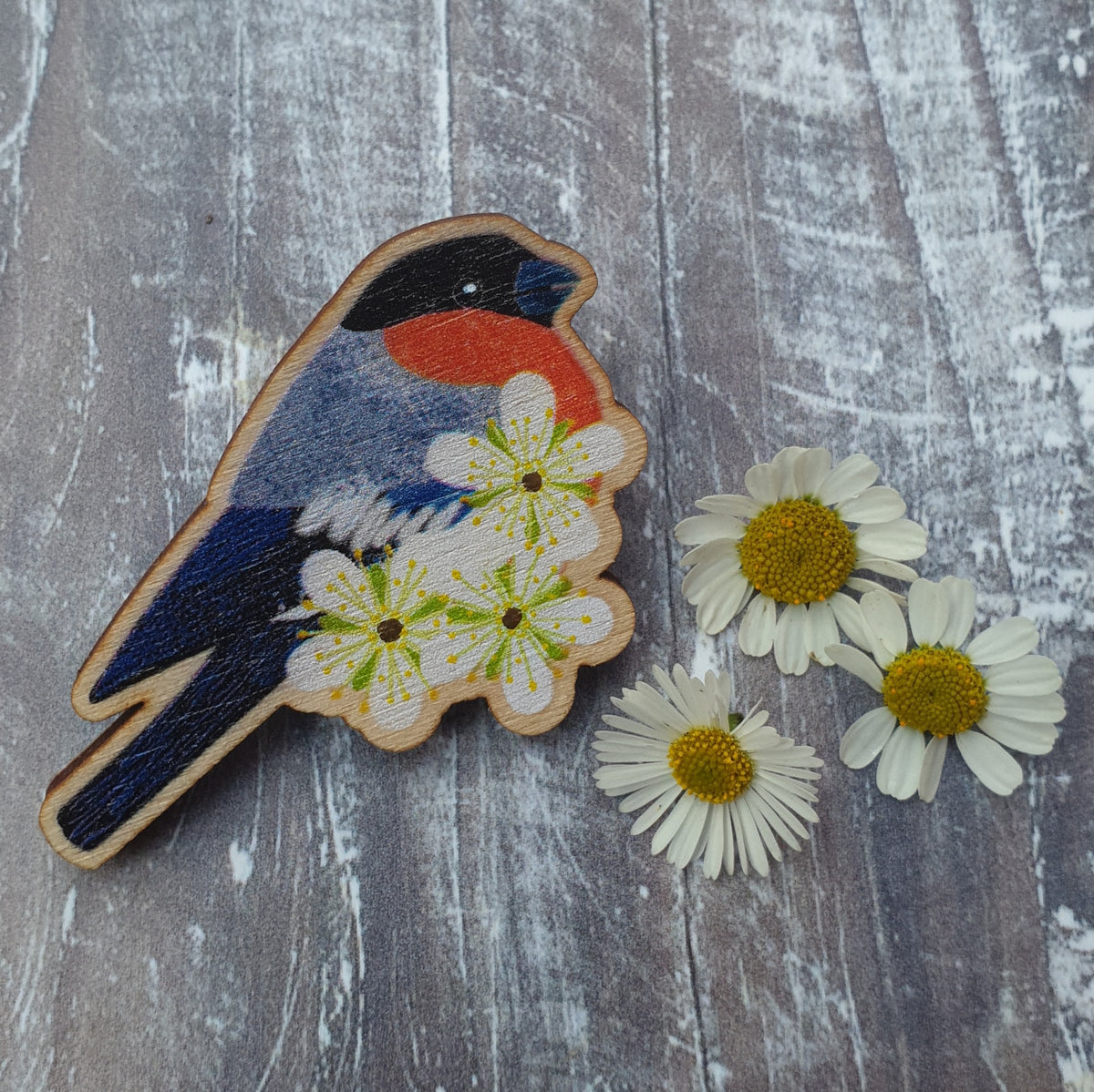 Bullfinch Wooden Brooch Pin