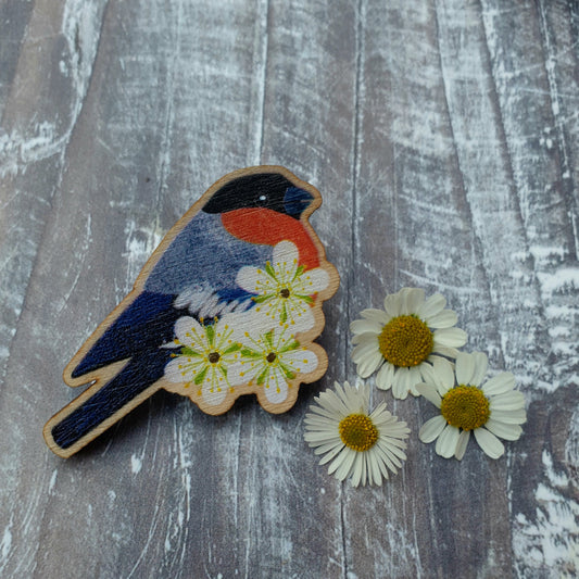 Bullfinch Wooden Brooch Pin