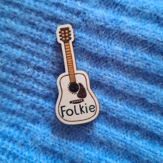 Folkie Guitar Wooden Brooch Pin