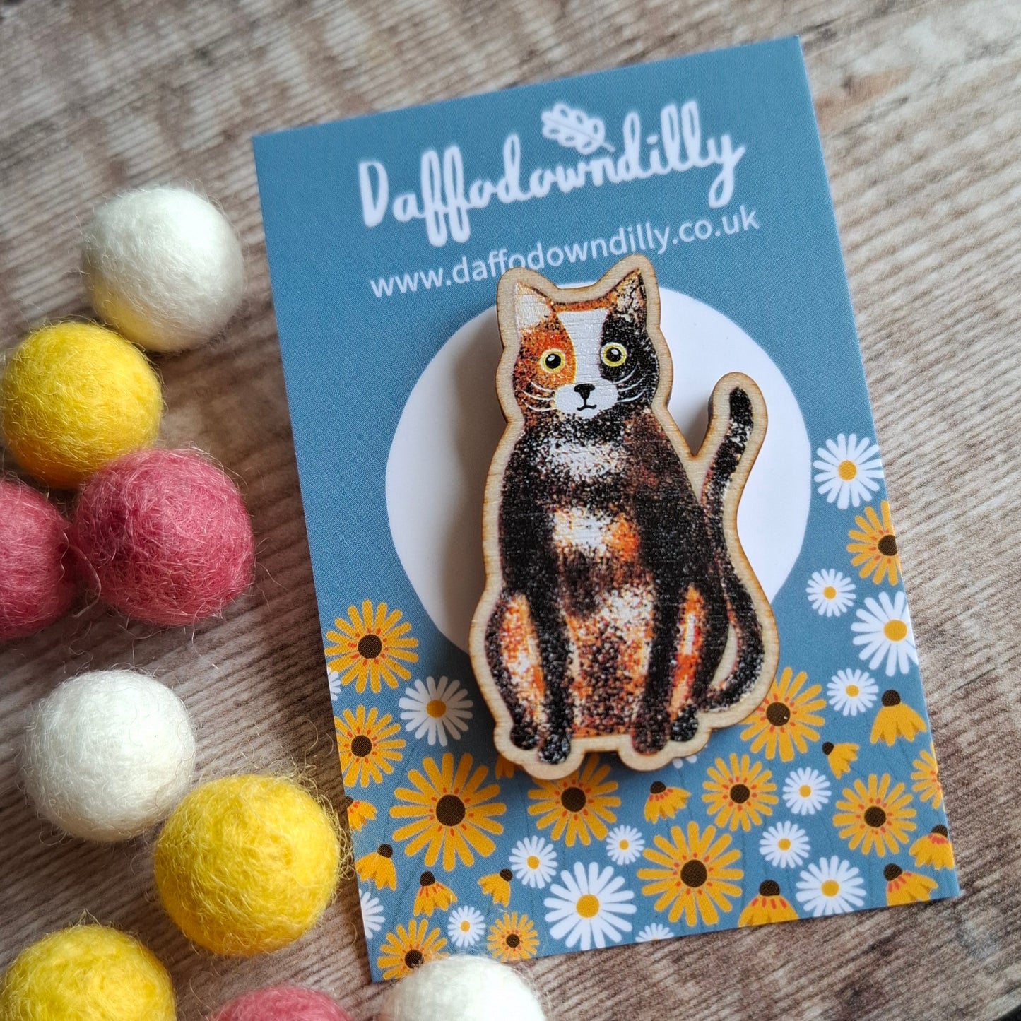 Calico Cat Wooden Brooch Pin