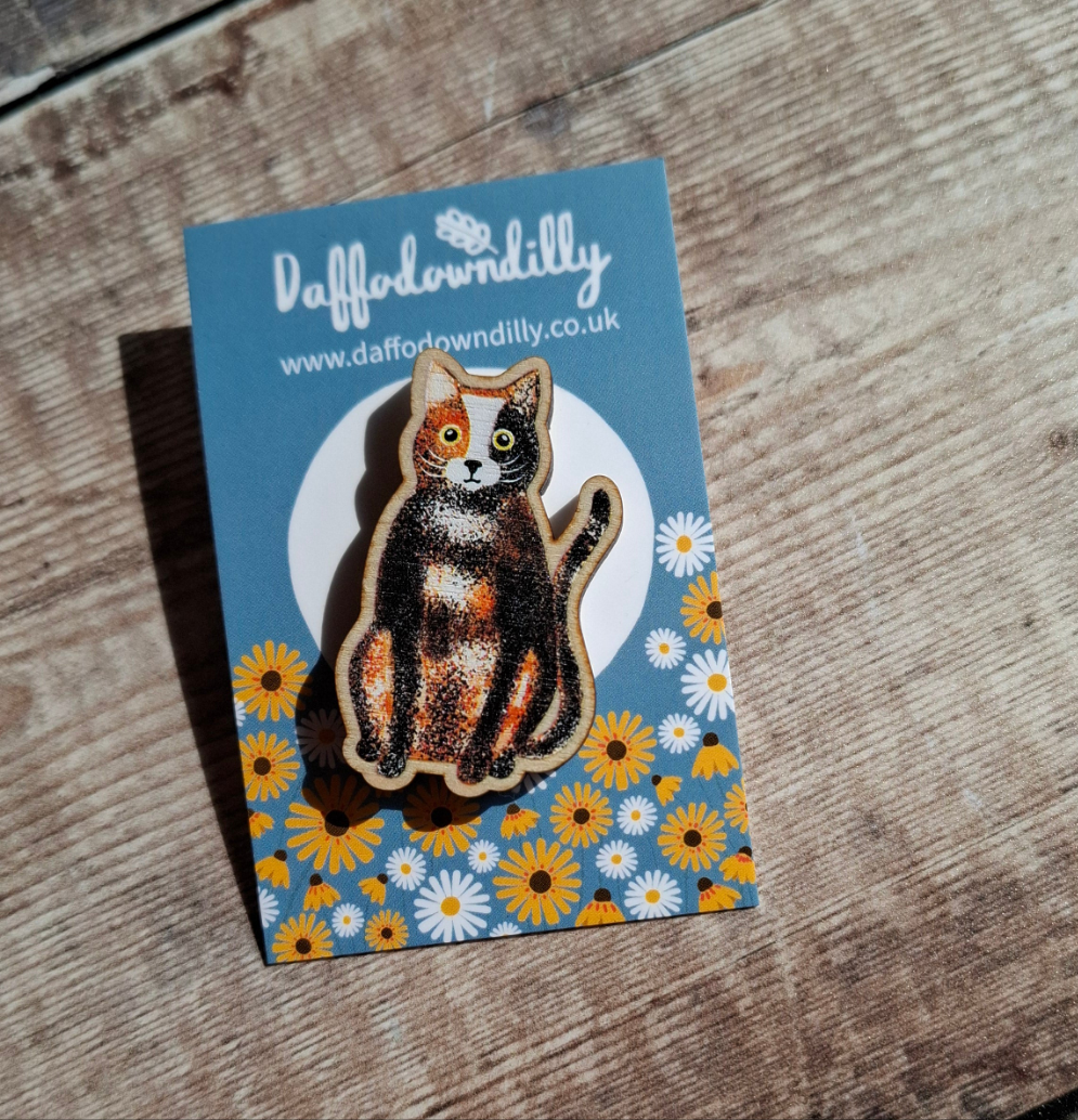 Calico Cat Wooden Brooch Pin