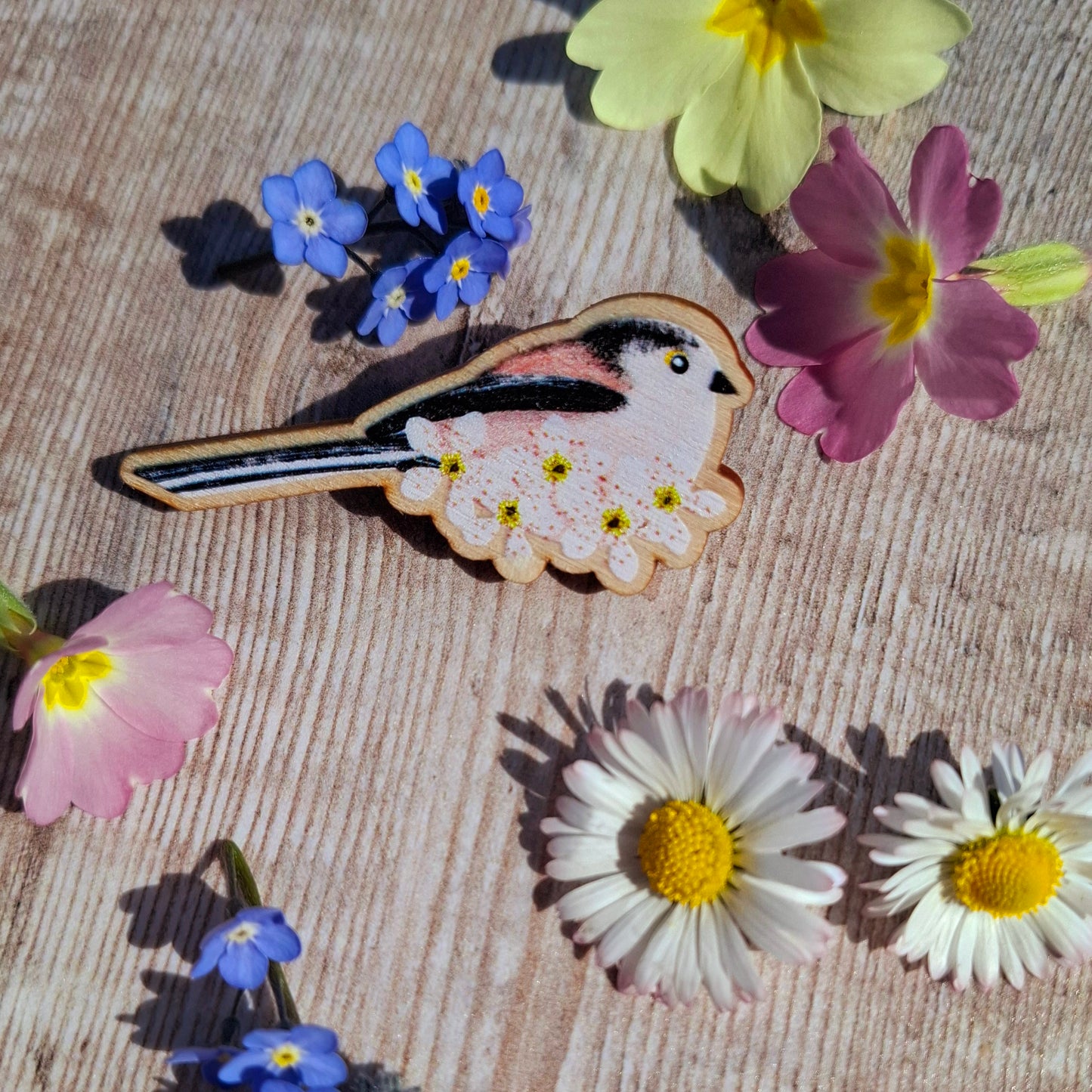 Long Tailed Tits Wooden Brooch Pin