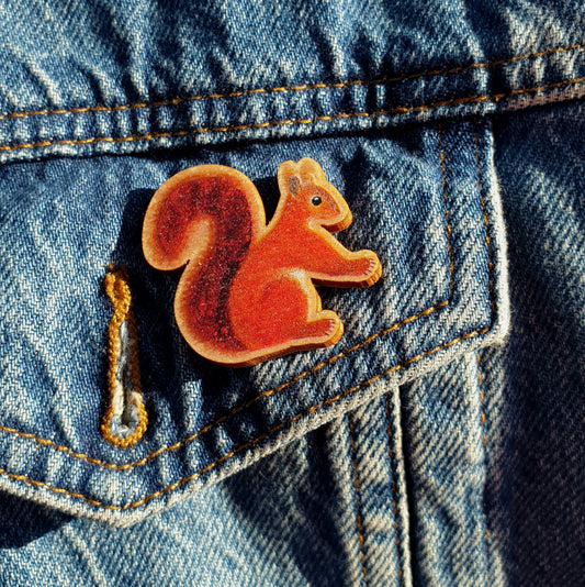Red Squirrel Wooden Brooch Pin