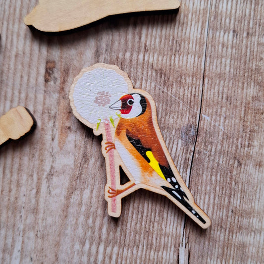 Goldfinch and Dandelion Wooden Brooch Pin