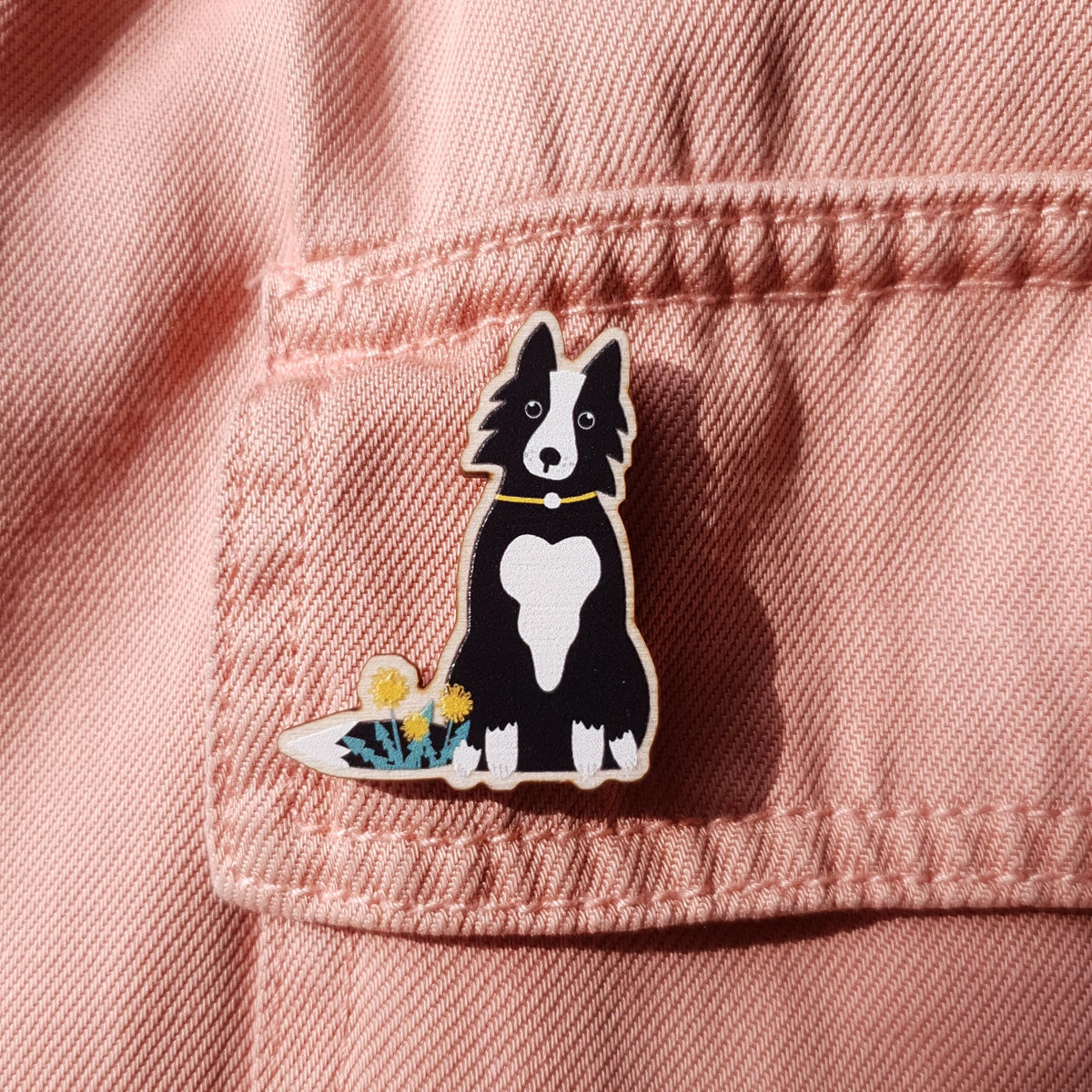 Collie Dog Wooden Pin Brooch