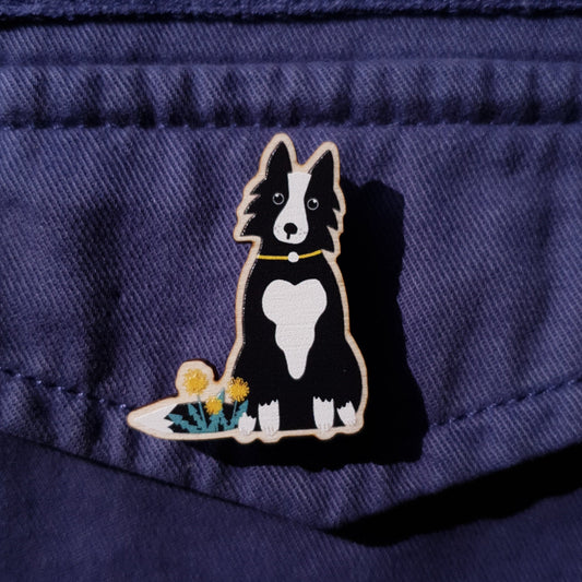 Collie Dog Wooden Pin Brooch