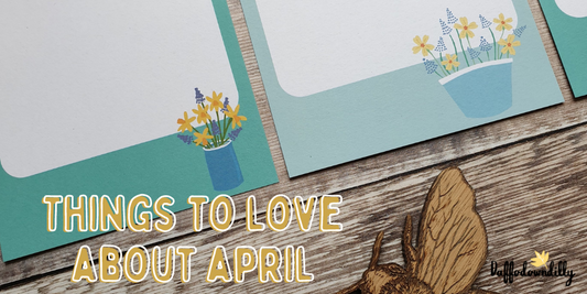things to love about April blog banner with nesting birds, blossom, painted eggs by Daffodowndilly