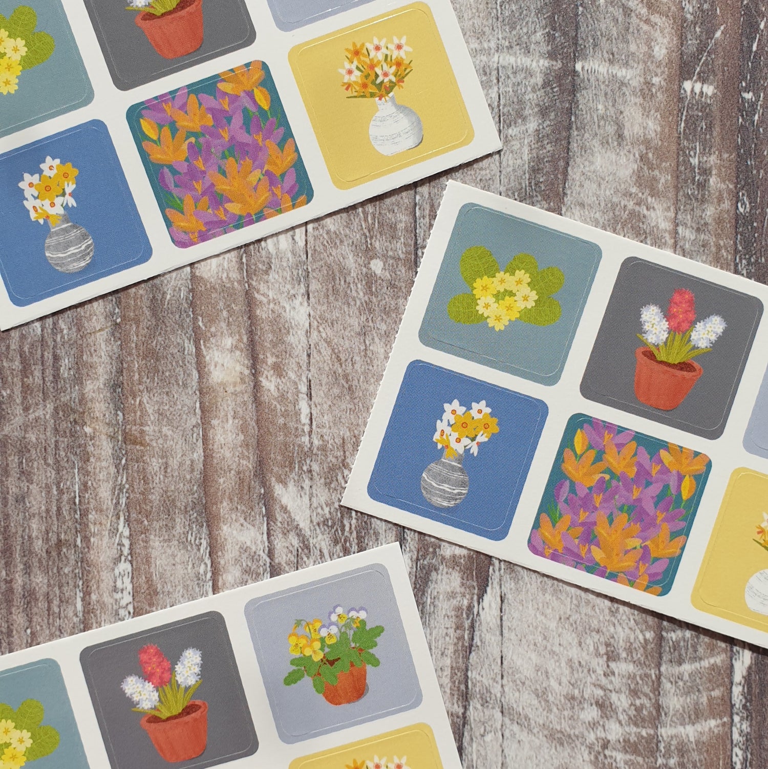 spring flower themed envelope sticker sheets with 6 mini stamp sized stickers per set