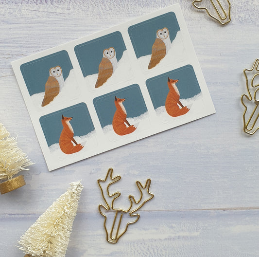 Barn Owl and Fox Snowy Christmas Envelope Stickers - Set of 6