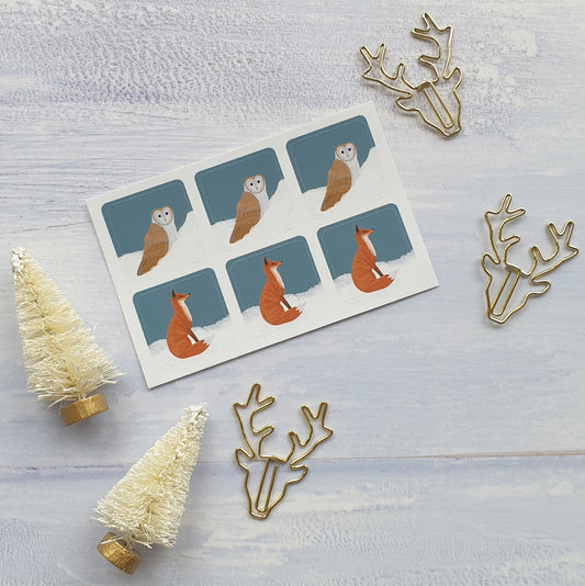 Barn Owl and Fox Snowy Christmas Envelope Stickers - Set of 6