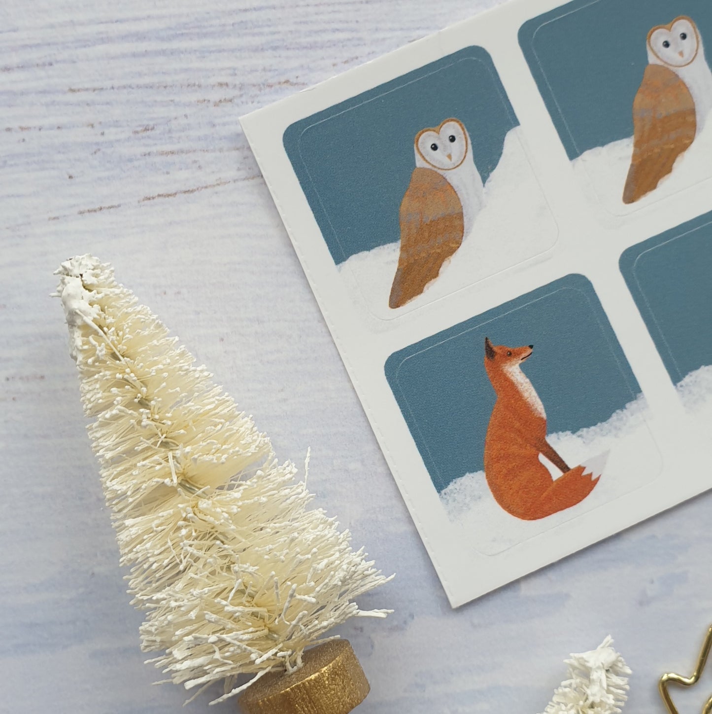 Barn Owl and Fox Snowy Christmas Envelope Stickers - Set of 6