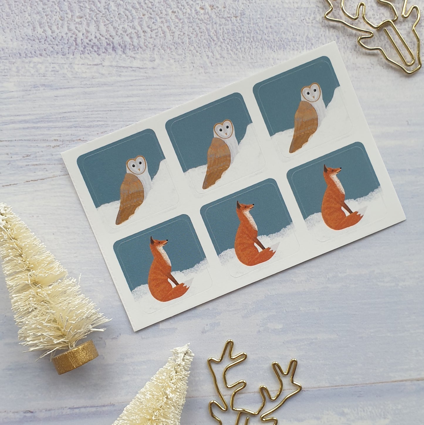 Barn Owl and Fox Snowy Christmas Envelope Stickers - Set of 6