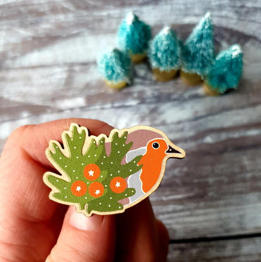 Robin Wooden Lapel Pin Brooch