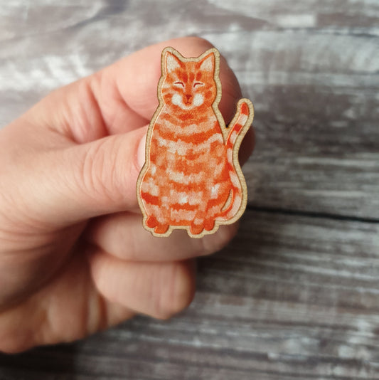Ginger Cat Wooden Lapel Pin Brooch