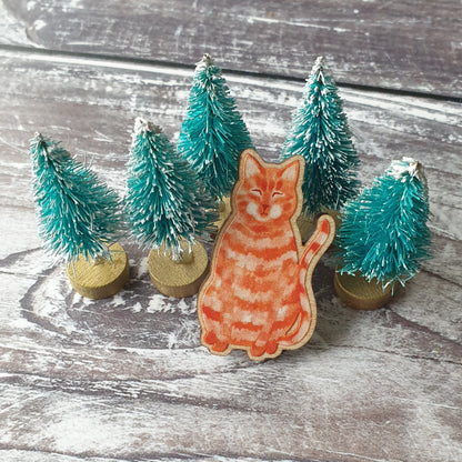 Ginger Cat Wooden Lapel Pin Brooch