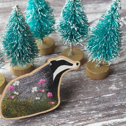 Badger Wooden Lapel Pin Brooch