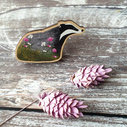 Badger Wooden Lapel Pin Brooch