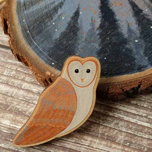 Barn Owl Wooden Lapel Pin Brooch