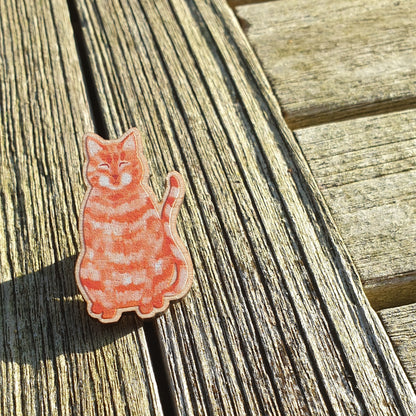 Ginger Cat Wooden Lapel Pin Brooch