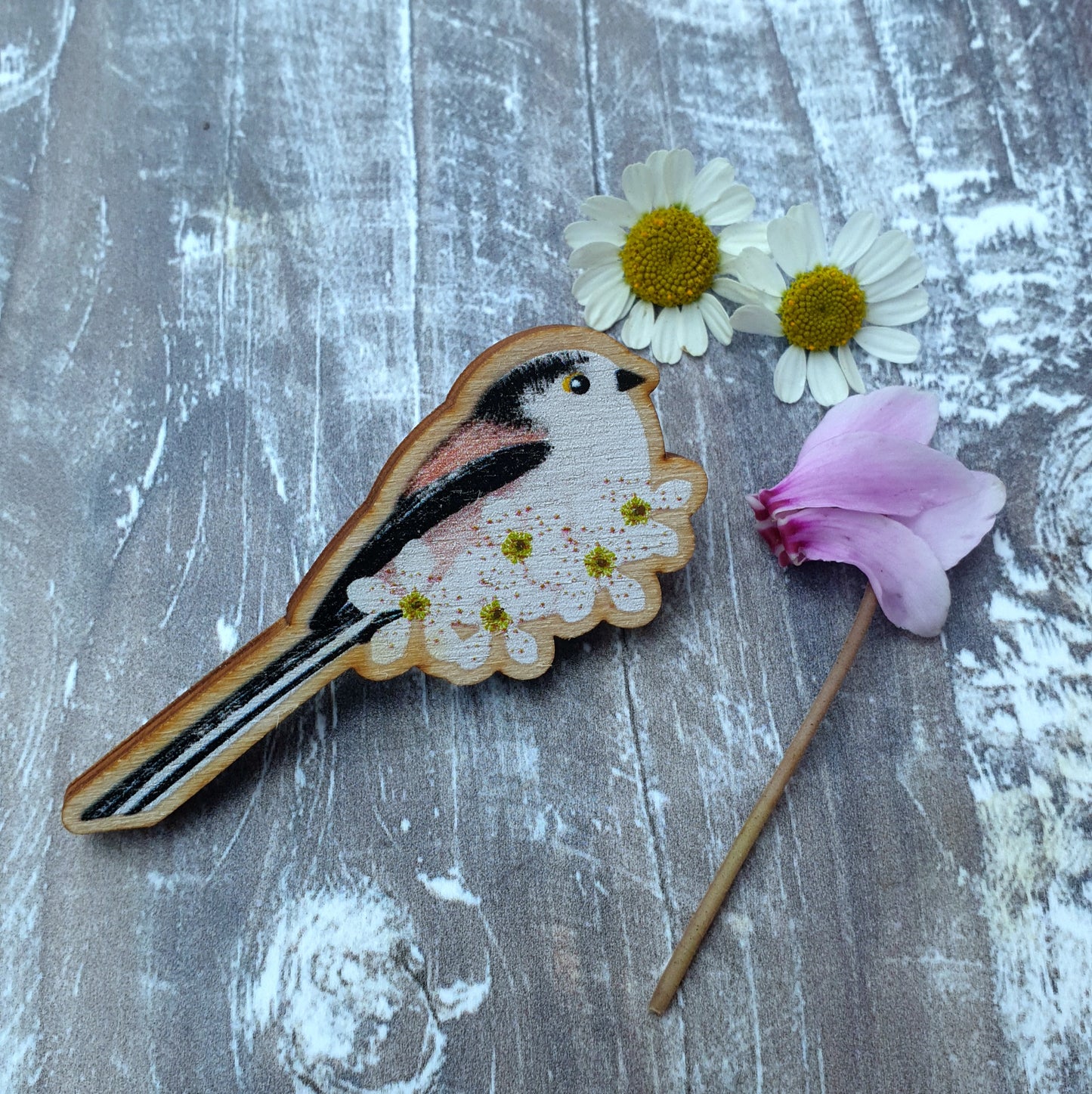 Long Tailed Tits Wooden Brooch Pin