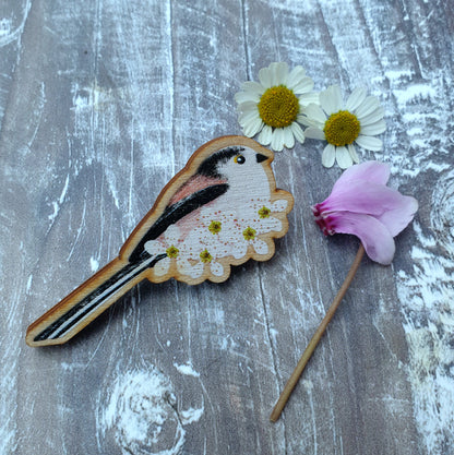 Long Tailed Tits Wooden Brooch Pin