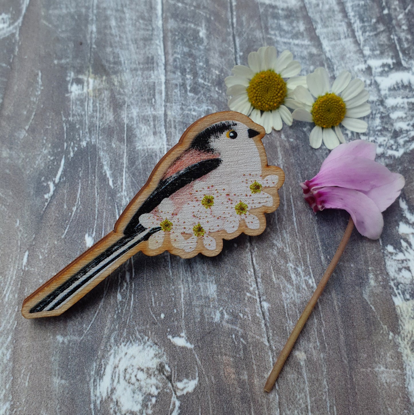 Long Tailed Tits Wooden Brooch Pin