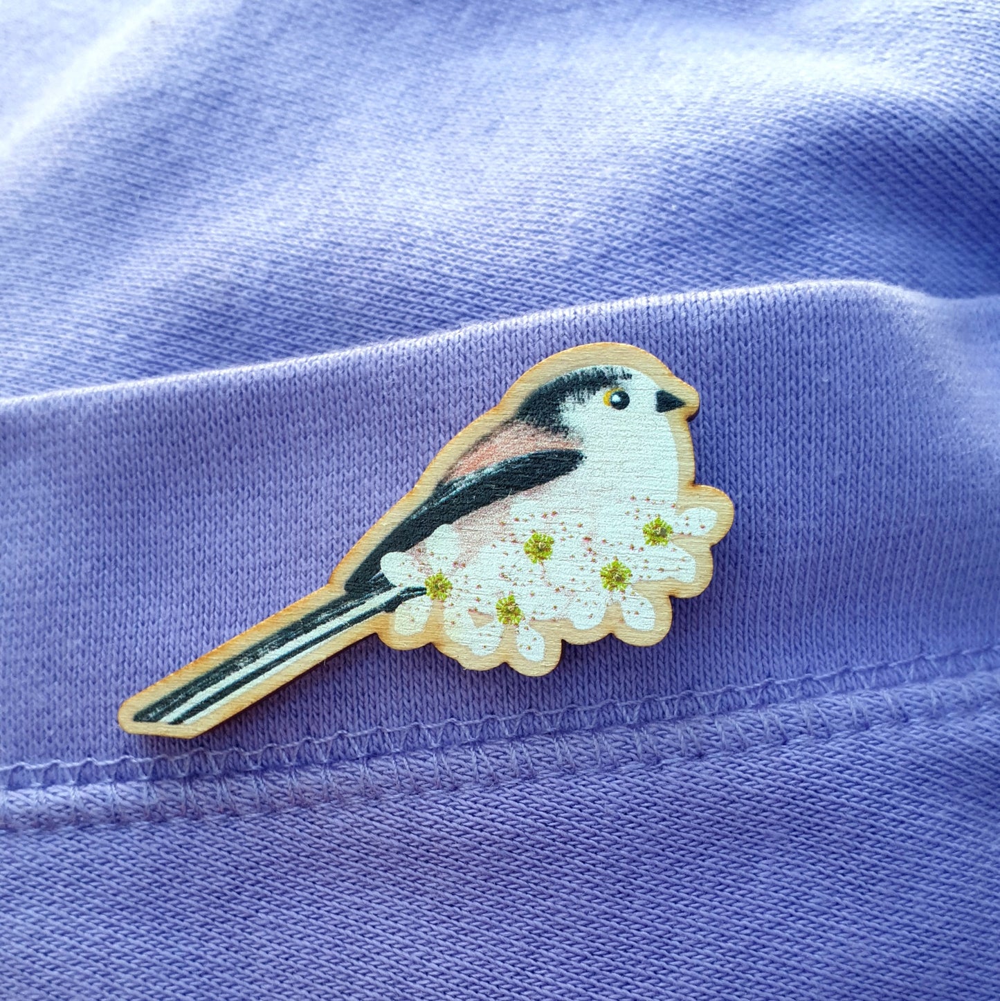 Long Tailed Tits Wooden Brooch Pin