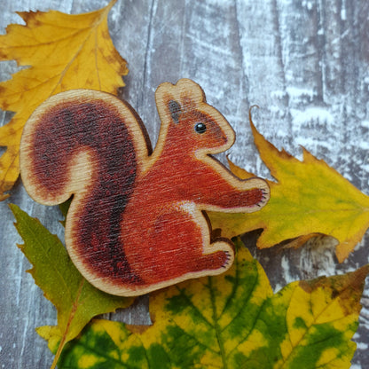 Red Squirrel Wooden Brooch Pin