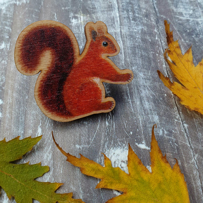 Red Squirrel Wooden Brooch Pin