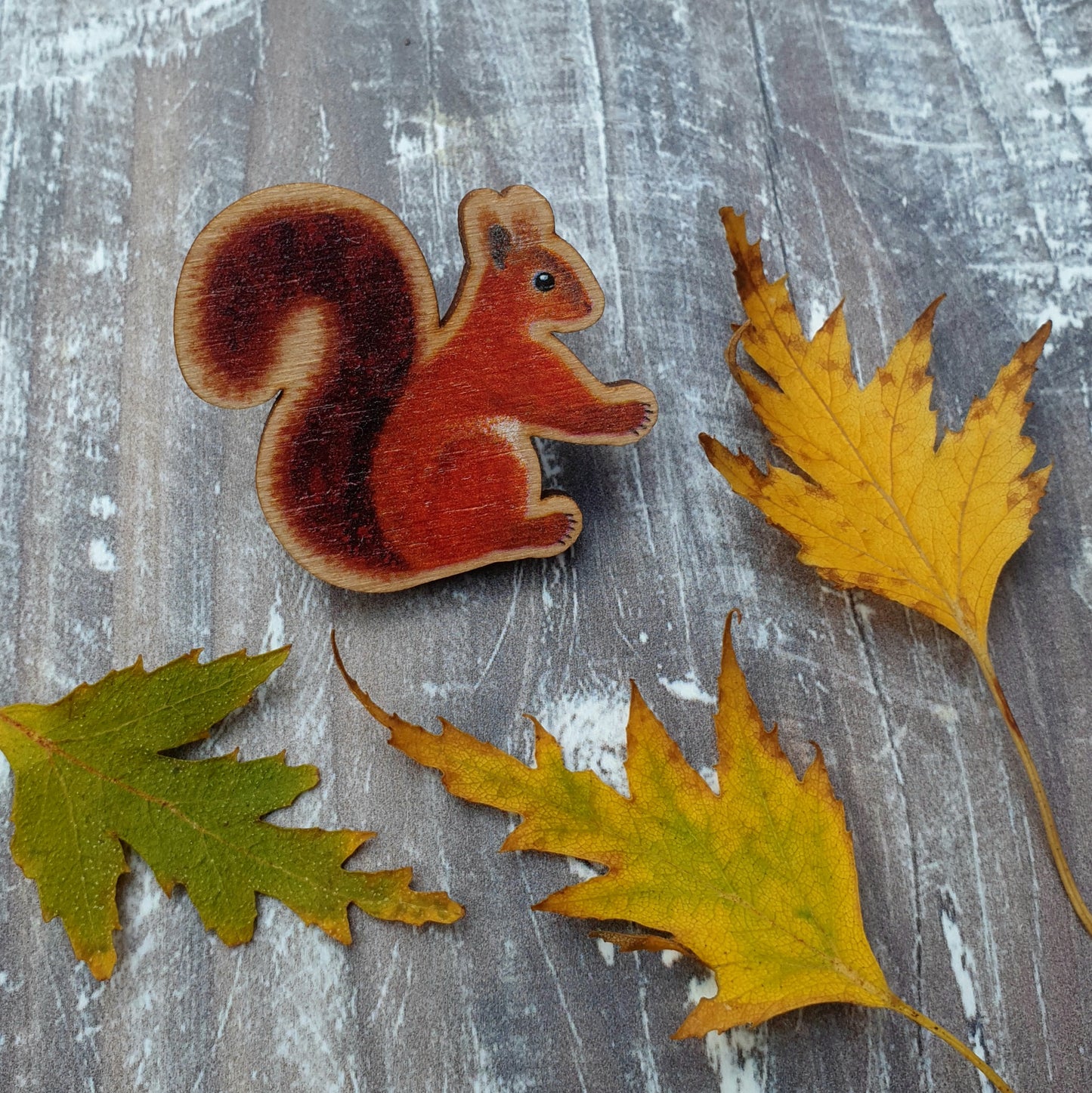 Red Squirrel Wooden Brooch Pin