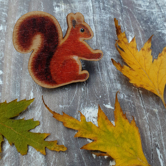 Red Squirrel Wooden Brooch Pin