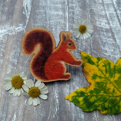 Red Squirrel Wooden Brooch Pin