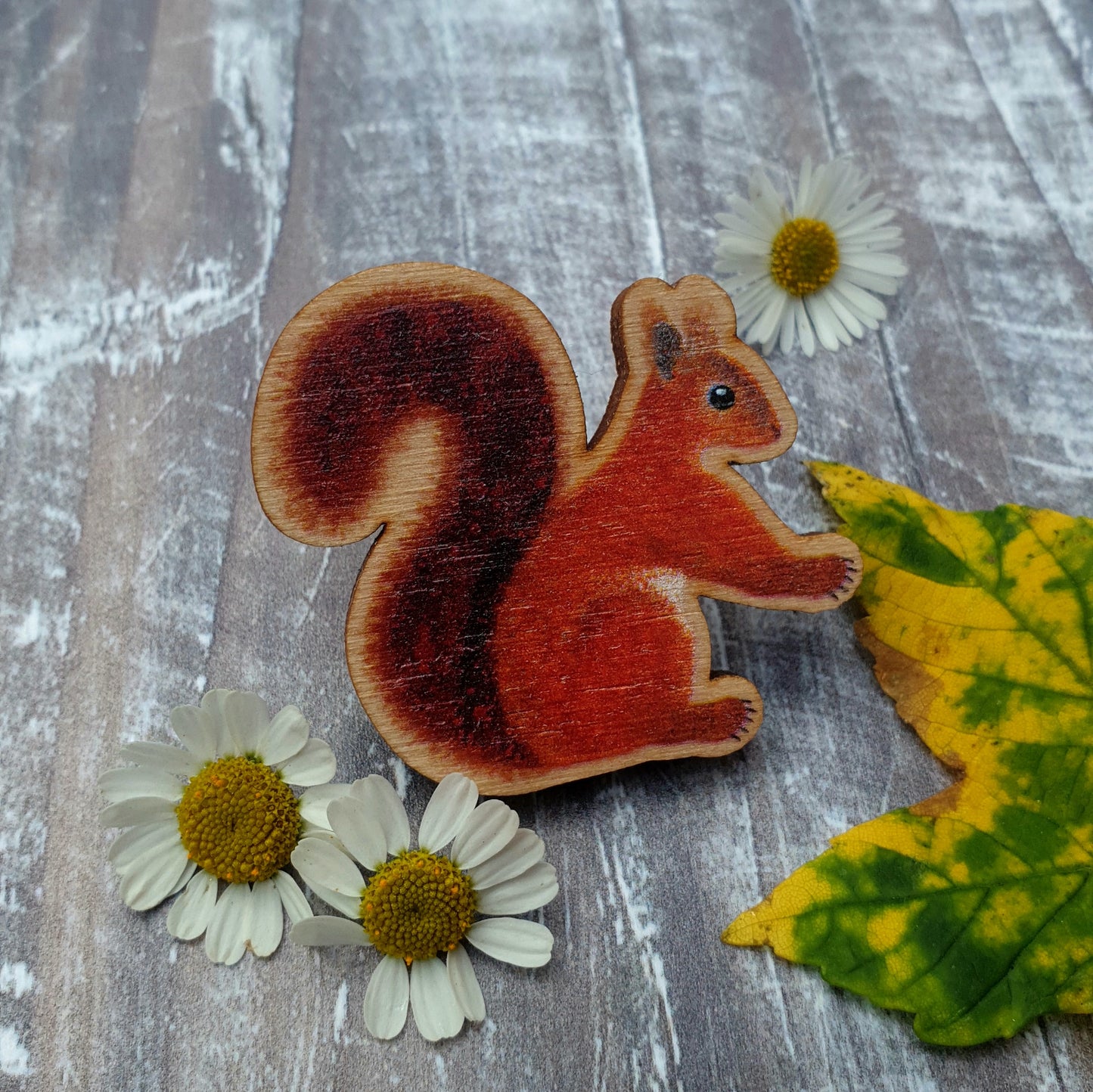 Red Squirrel Wooden Brooch Pin