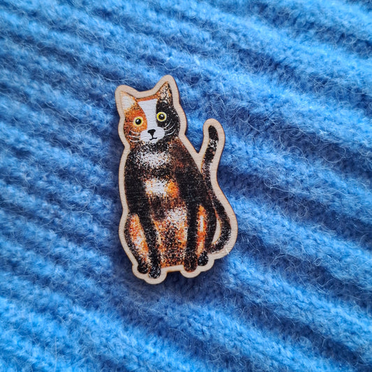 Calico Cat Wooden Brooch Pin
