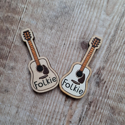Folkie Guitar Wooden Brooch Pin
