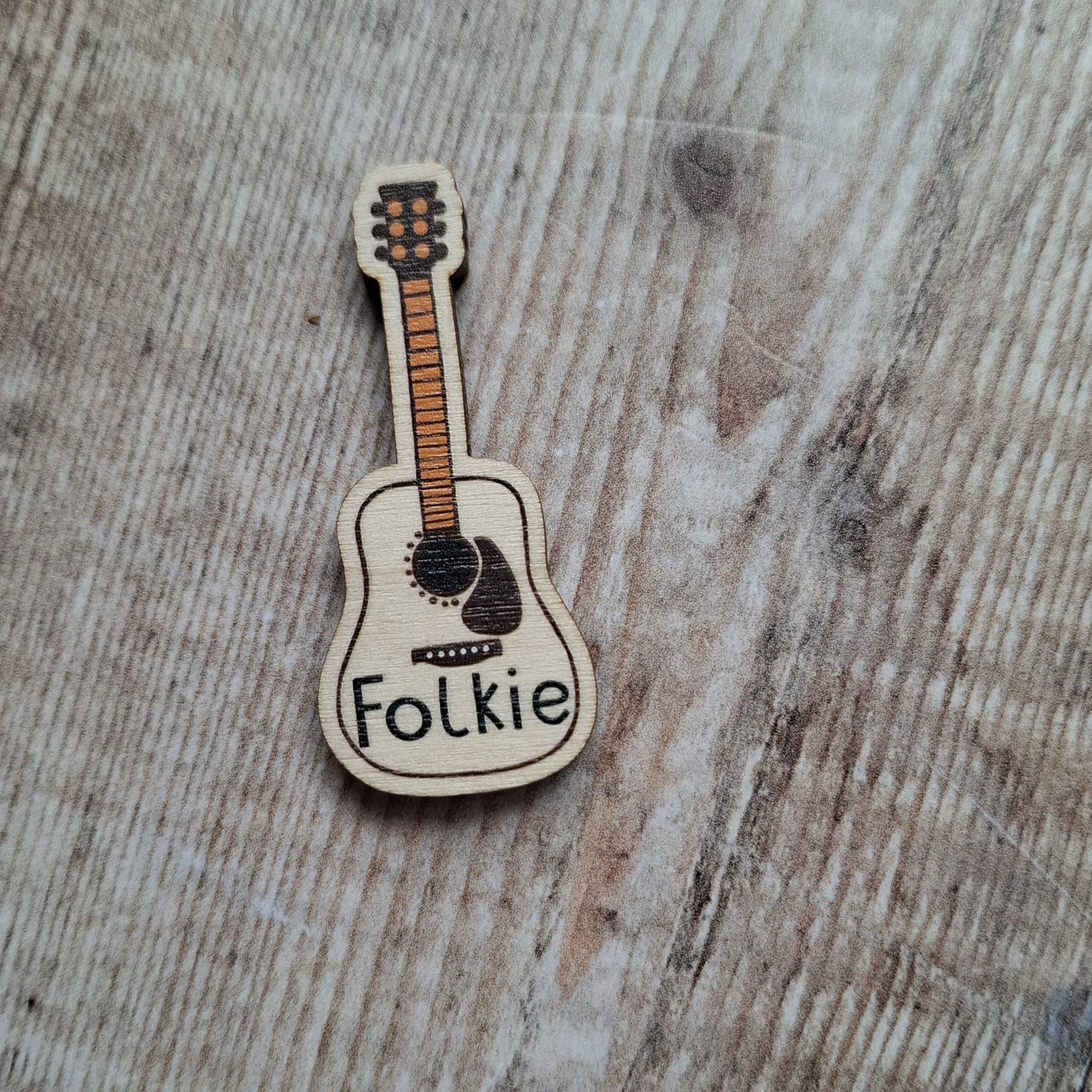 Folkie Guitar Wooden Brooch Pin