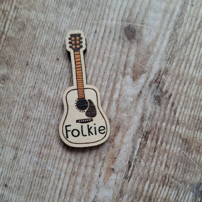 Folkie Guitar Wooden Brooch Pin