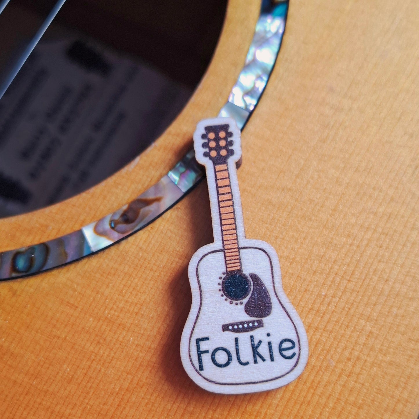 Folkie Guitar Wooden Brooch Pin